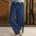 thumbnail image 2 of Timoontee Women's Linen Elastic Waist Wide Leg Pants with Pockets Loose Fit Palazzo Long Trousers Summer Beach Yoga Pants Navy XXL, 2 of 7