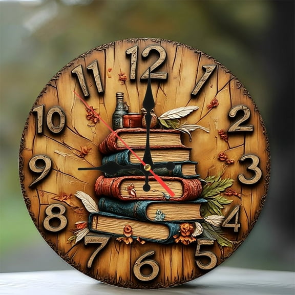 Vintage Book Stack Wooden Wall Clock 10-Inch Silent Wooden Wall Clock, Battery Operated (AA Batteries Not Included), Artistic Home Decor