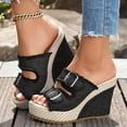 thumbnail image 2 of Dakaela Platform Wedge Sandals for Women 2026 Dressy Summer Casual High Heels Sandal Denim Buckles Casual Slip on Slide Mules Walking Shoes Size 6-10 Black, 2 of 7