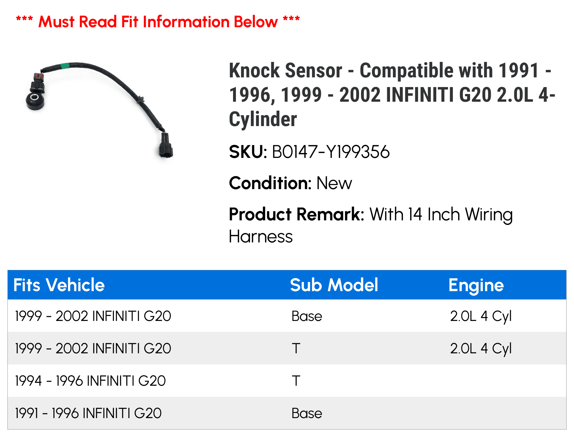 Knock Sensor - Compatible with 1991 - 1996, 1999 - 2002 INFINITI G20 2.0L 4-Cylinder 1992 1993 1994 1995 2000 2001