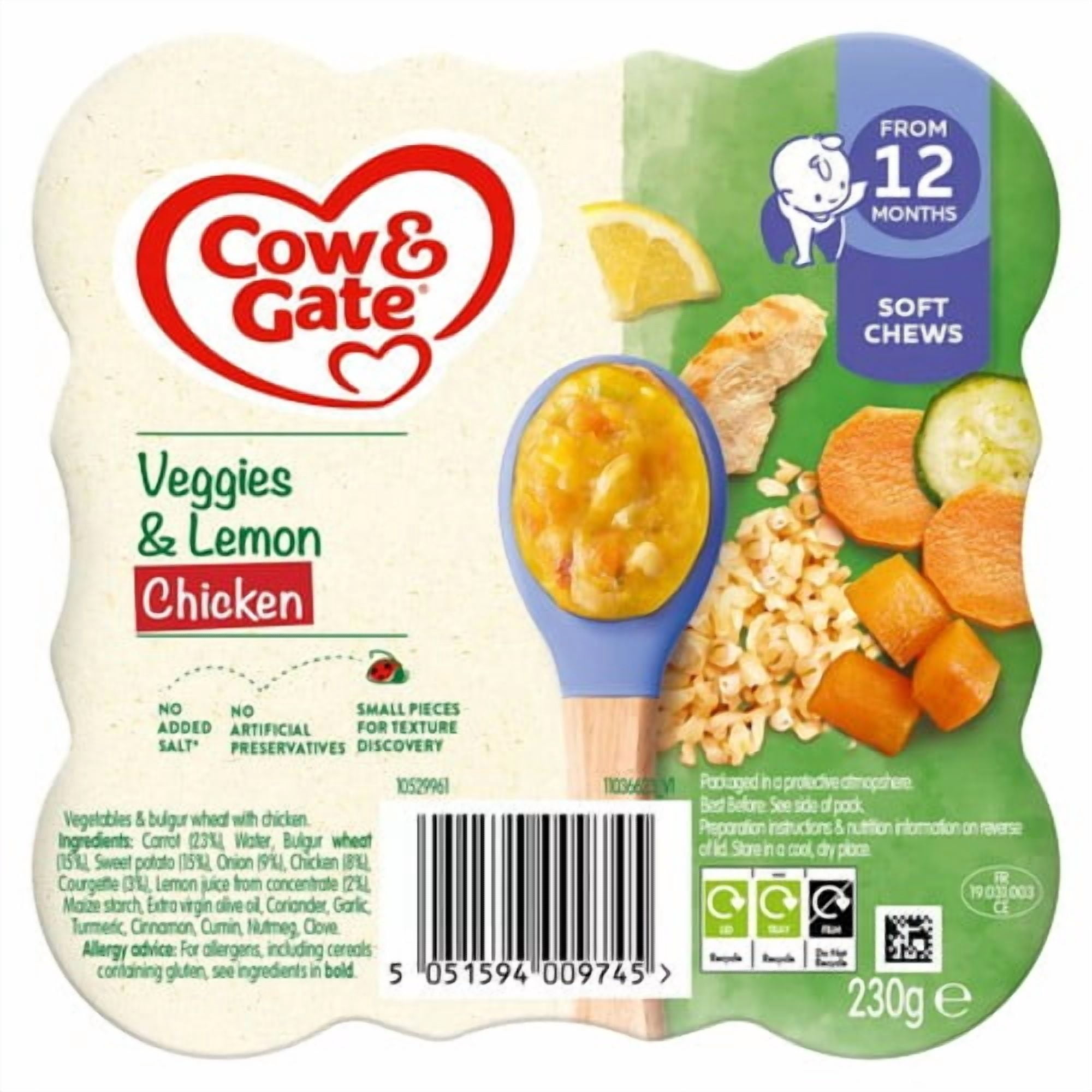Cow & Gate Lemon Chicken & Vegetables Baby Food Meal 12+ Months 230g, British Import (Pack of 2)