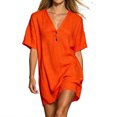 thumbnail image 5 of Ygbgbb Women V‑Neck Henley Mini Tunic Dress, Short Sleeve Half‑Placket Loose Fit Casual Shift Dress for Beach Cover‑Up and Everyday Summer Wear Orange XL, 5 of 7
