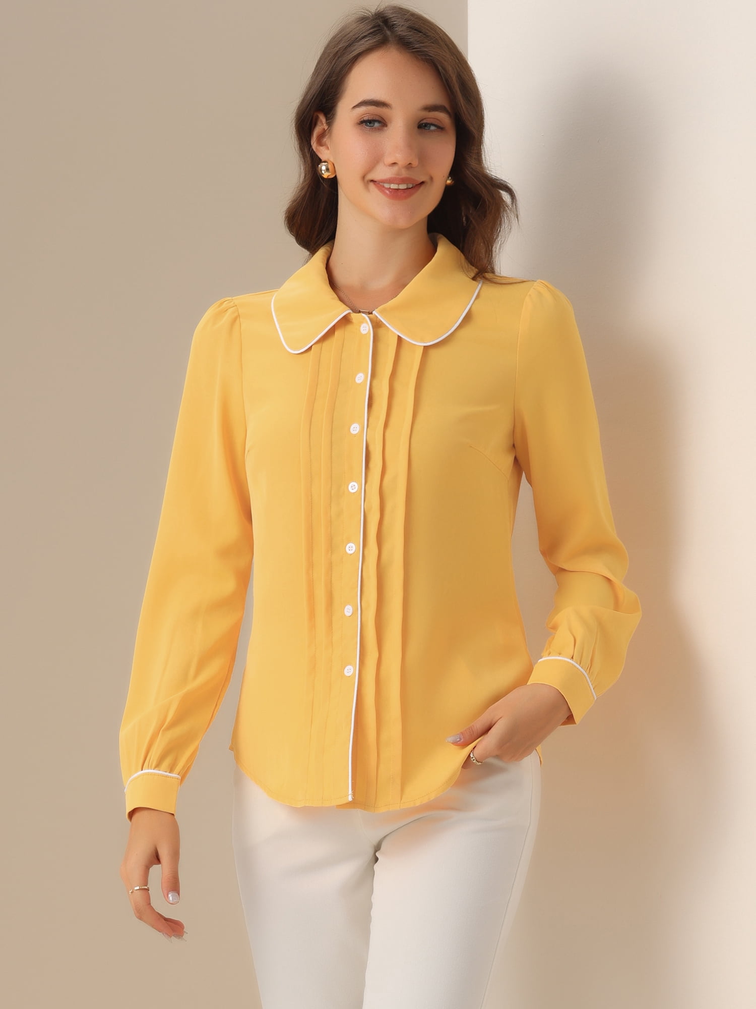 DARING DIVA Women's Peter Pan Collar Shirt Puff Sleeve Blouse Tops XS Yellow