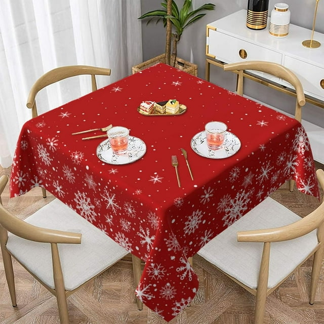 Merry Christmas Square Tablecloth 54 Inch Winter Red White Snowflakes Square Tablecloth for Christmas Washable Xmas Holiday Table Cloth for Home Dining Room Party Indoor Decor