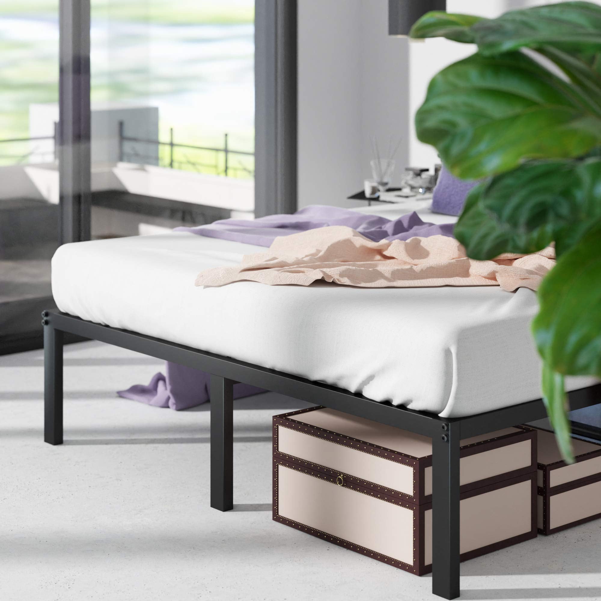 Aukfa Platform Metal Queen Size Bed Frame, 14 Inch, 600 lb Capacity, Noise Free, Black