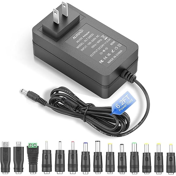 xixishop 24V Power Supply 2.5A 60W AC Adapter 100-240V 50-60Hz 24 Volt Transformer Power Cord 2 Amp 1500mA 1A Converter 6.2FT with 14 Tips for LED Strip Light CCTV Camera DC Pump Router