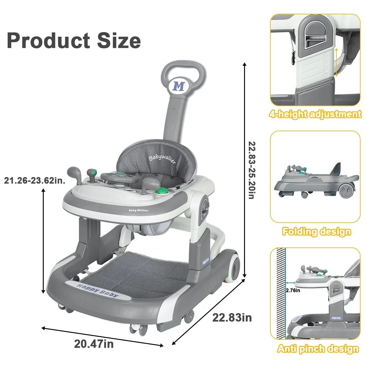 HENG Co. 5-in-1 Foldable Baby Walker with Foot Pads & Handles for Boys and Girls 6-24 Months, Gray