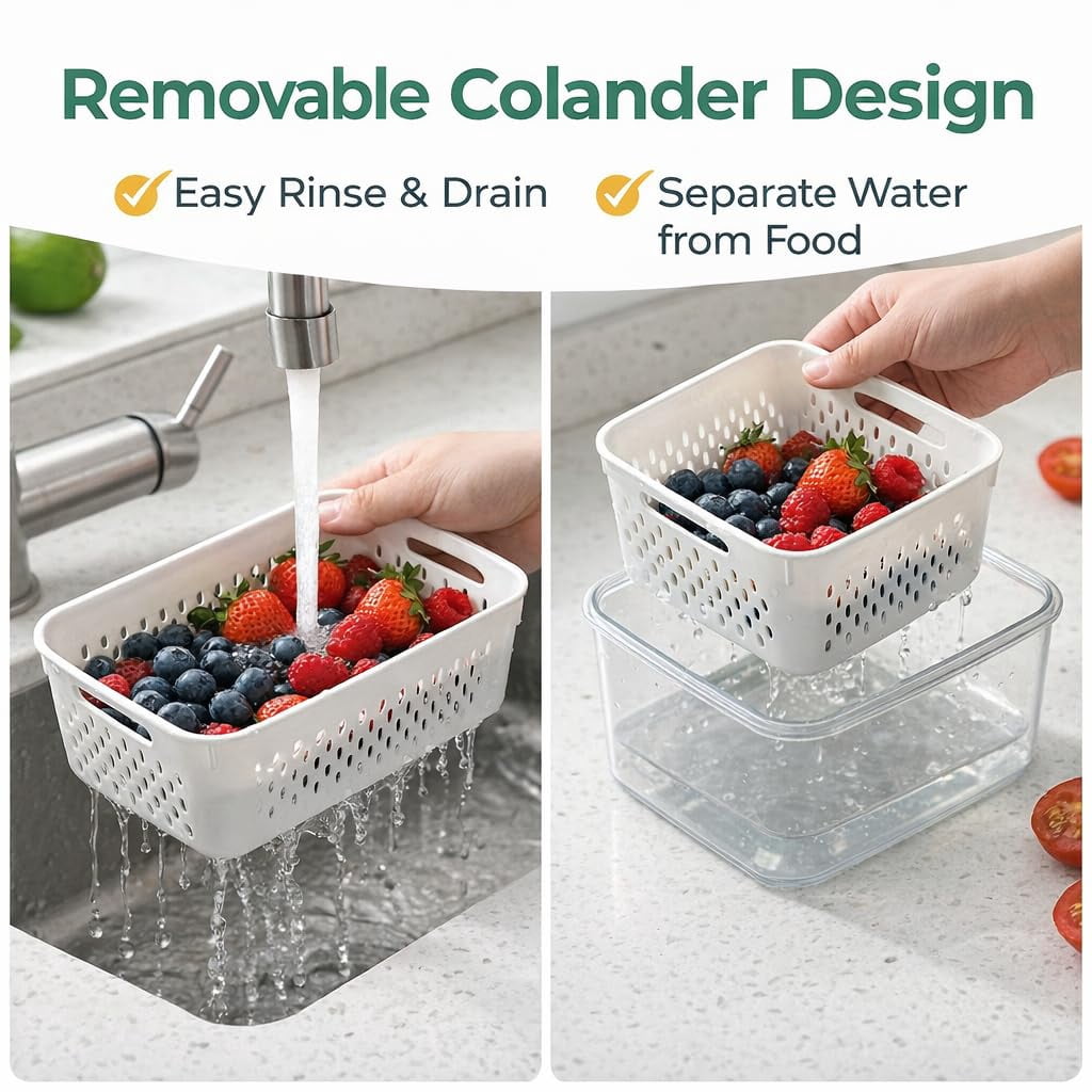 Fruit Storage Containers for Fridge, 4 in 1 Food Storage Container with Removable Colander, Airtight Produce Saver, Stackable Fridge Organizer for Wash, Drain & Store