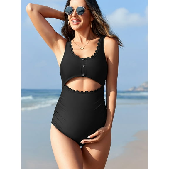Beautyin Maternity One Piece Swimsuit Monokini Scalloped Cut Out Ruched High Waisted Scoop Neck Pregnancy Swimwear