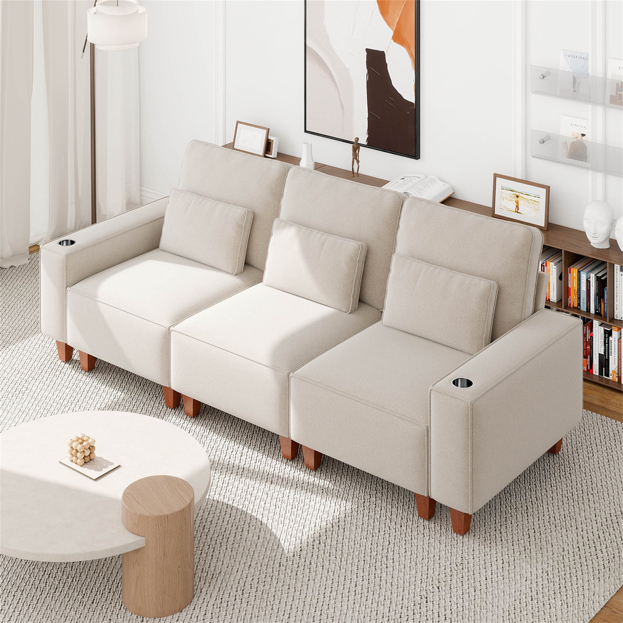 Aukfa 3 Piece Sofa Set - 99" Oversized 3 Seat Couch with Cup Holders&Pillows, Chenille, Beige
