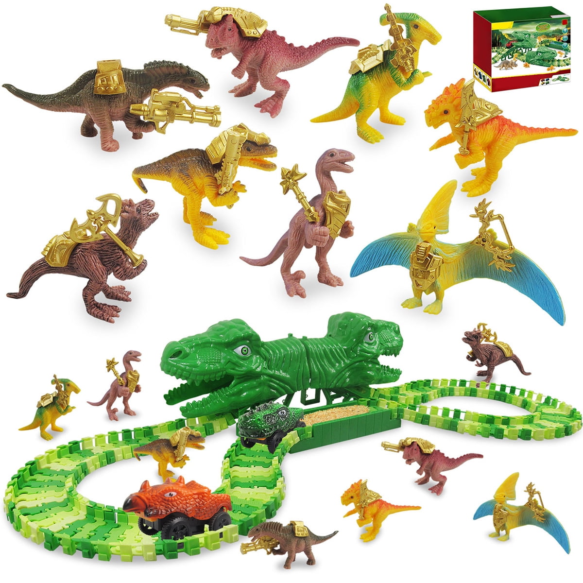 DANDELIONSKY 163 Pcs Dinosaur Race Track Car Toy Set 149 Pcs Flexible Train  Tracks with 8 Dinosaurs Create a Dinosaur Wo 