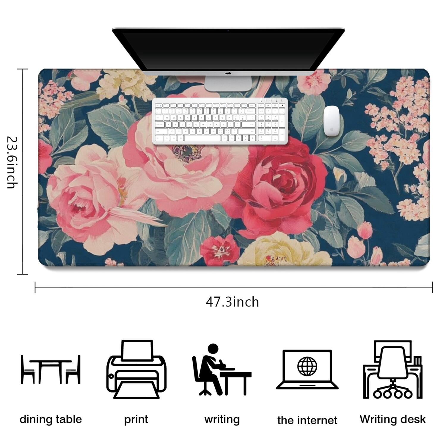 Long Mouse Pads for Desk,Pioneer Flower Floral Print Pattern Desk Mats on Top Of Desks, Desk Mouse Pad Extra Large with 3mm Non-Slip Base and Stitched Edge for Gaming,Office,Work,Home 47.3"x23.6"