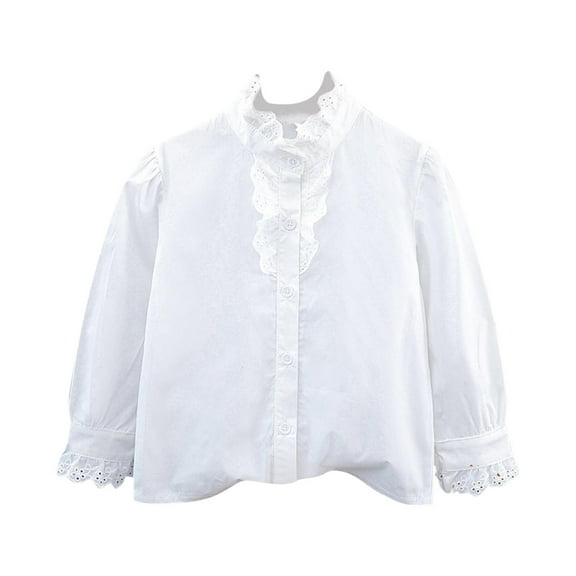 ZACPNCV Girls Shirt Button-Down Blouse Kids School Uniform Elegant Lace Decorated with Large Lapel White 5-6 Years