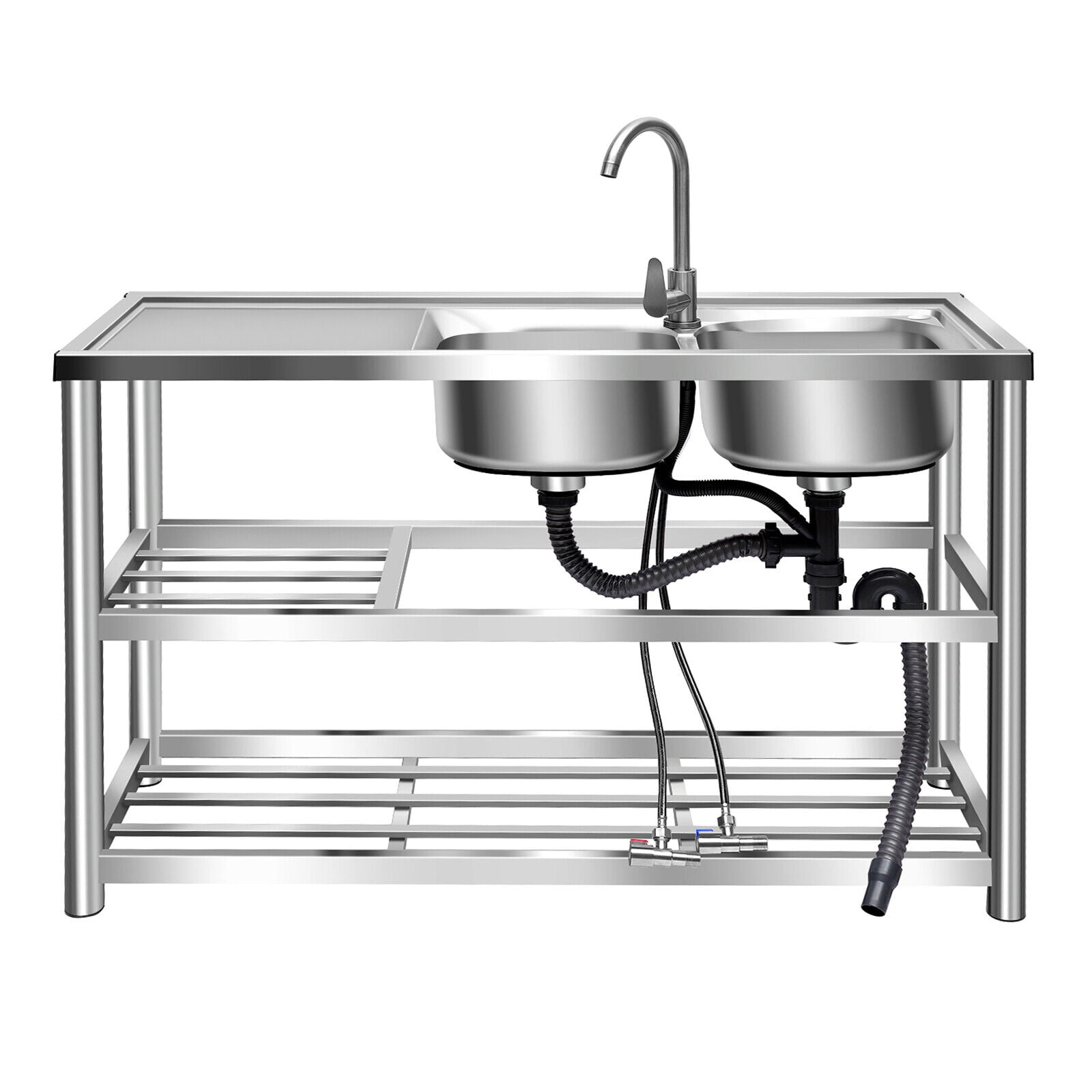 47in Free Standing Utility Sink, Double Bowl Commercial Restaurant Kitchen Sink Set for Indoor Outdoor W/ Faucet
