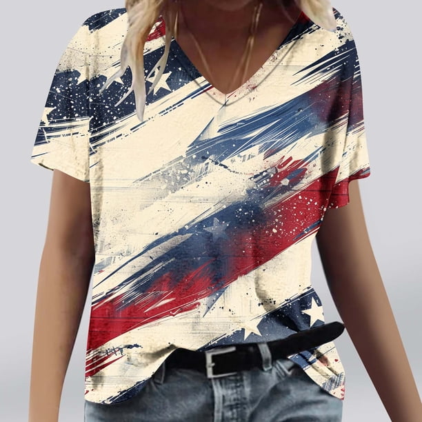 Fiudx Ofertas Del Día Camiseta de Manga Corta con Cuello En V Estampada para El Día de La Independencia Informal a La Moda para Mujer
