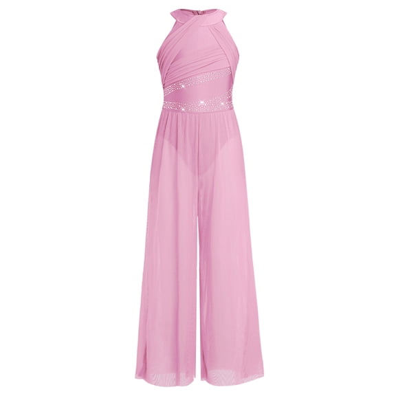 Aiihoo Kids Girls Lyrical Modern Dance Jumpsuit Sleeveless Shiny Rhinestone Ruched Bodice Mesh Wide-leg Pants Bodysuit Ballet Leotards Pink 12