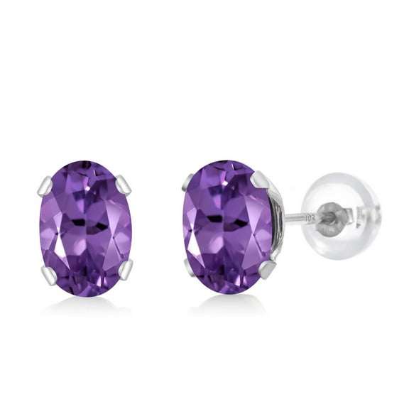 Gem Stone King 10K White Gold Purple Amethyst Stud Earrings for Women Men (0.90 Cttw, Gemstone February Birthstone, Oval 6X4MM)