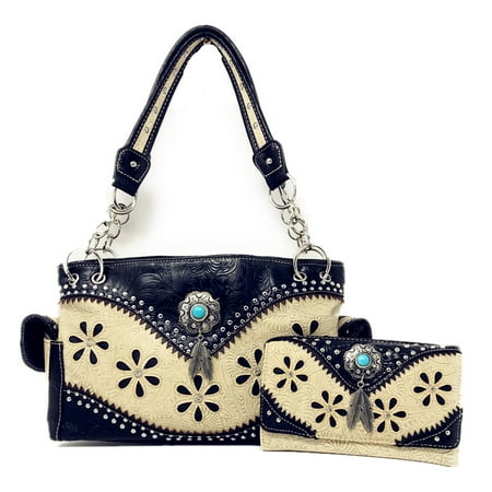 Western Tooled Leather Purse - Texas West Tooled Leather Rhinestone Laser Cut Concealed Carry Feather Country Western Shoulder Handbag/Wallet Set