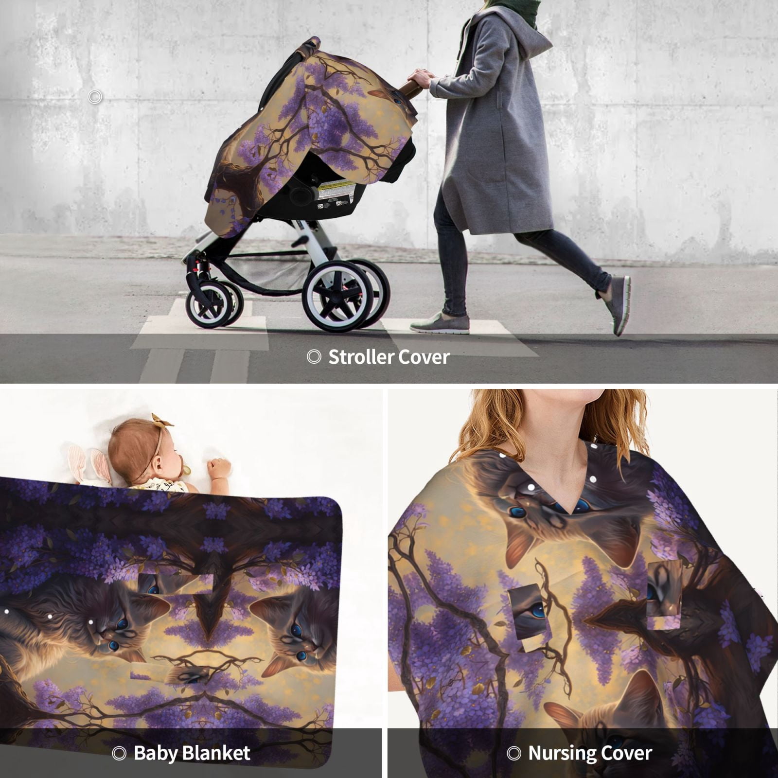 Car Seat Cover Baby - Purple Flower Lazy Cat Breathable Infant Car Seat Cover for Baby Carseat, Lightweight Comfort Baby Essentials Must Haves Newborn Stuff for Girl Boy