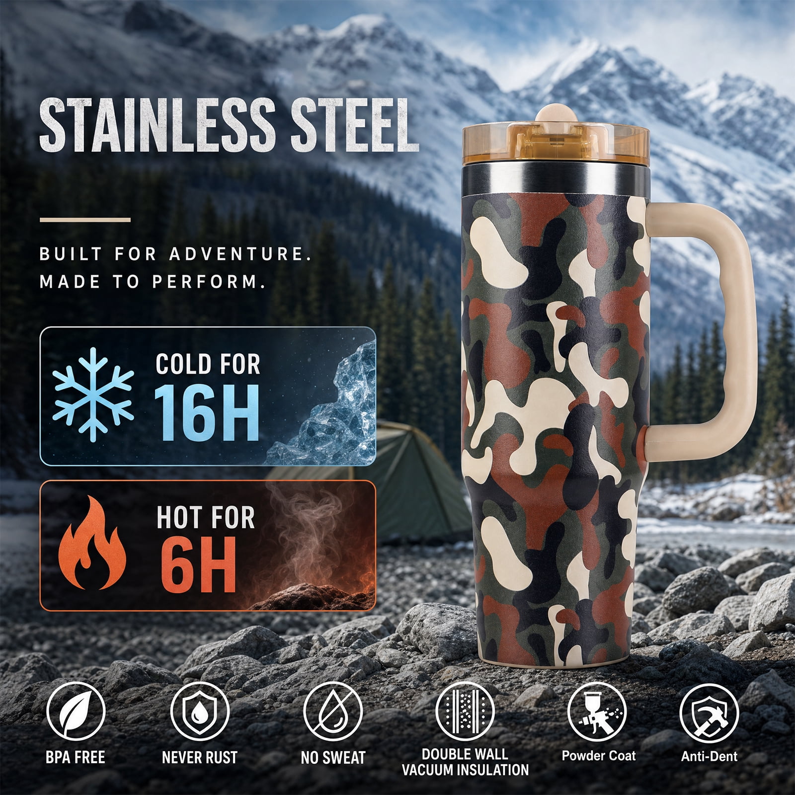Ozark Trail 30 oz Stainless Steel Insulated Tumbler with Handle, Retro Camo