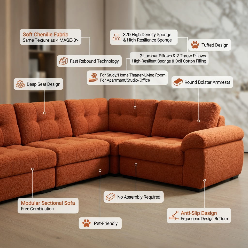 Hommoo Teddy Fleece 4-Seat Modular Sectional Sofa, Cloud-Like Double-Layer Cushions, Curved Backrest & Armrest, Movable Ottoman, Lumbar Support Pillows, Orange