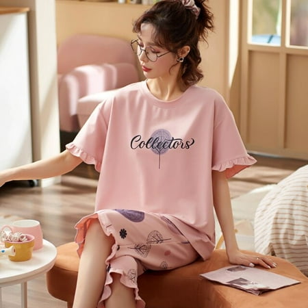 

QWZNDZGR Summer Cartoon Bear Womens Pajama Sets Ladies Female Nightwear Casual Pyjama Capris Pants Yellow Sleepwear Suits Home Clothing