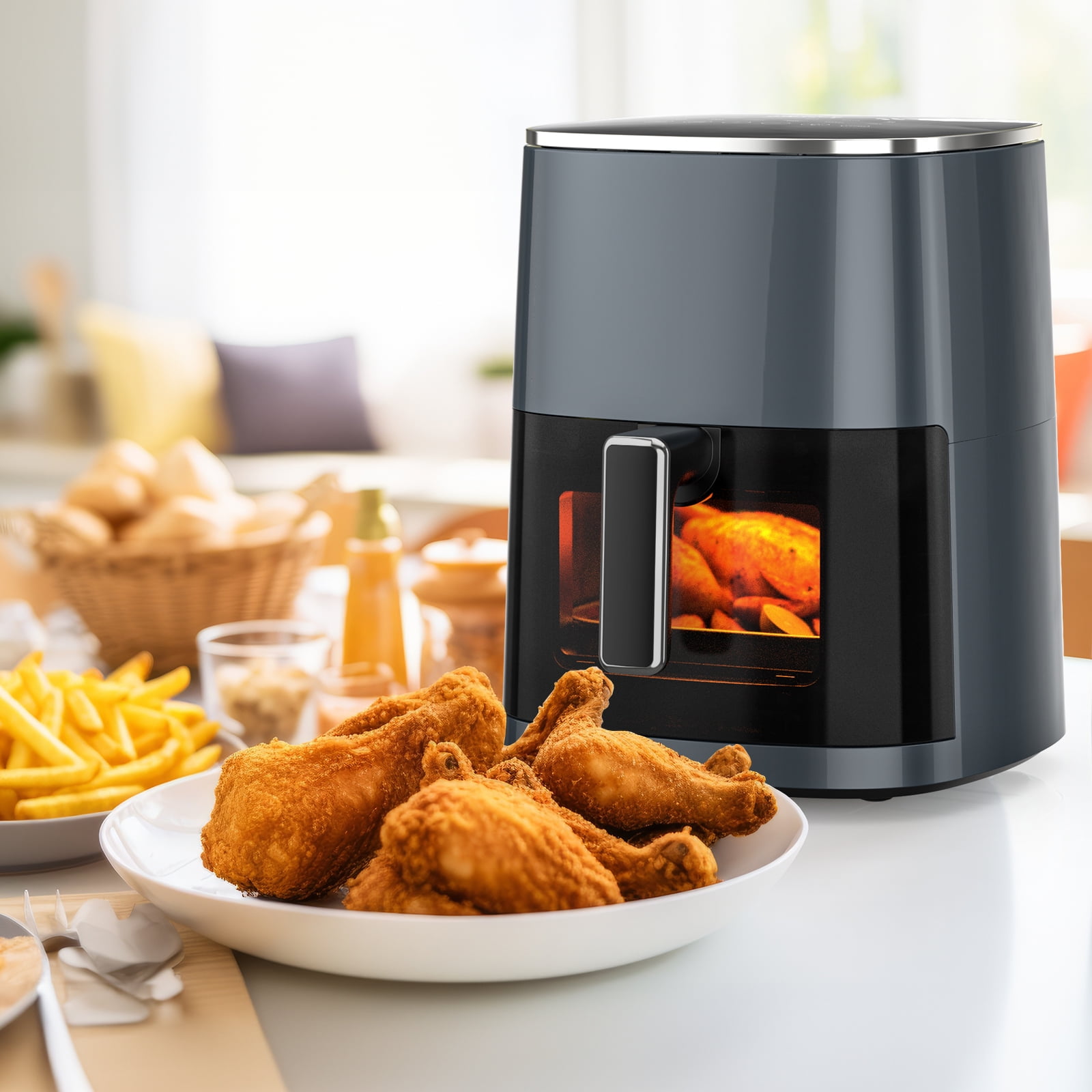 Sellary 6QT Air Fryer with Perspective Window and Light, 12-in-1, non-stick layer, suitable for Air Fry, Roast & More，Grey