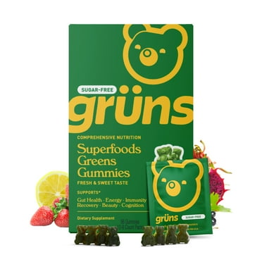 Gruns Adult Superfood Greens Gummies, Sugar-Free with 60 Organic Ingredients, 21  Vitamins & Minerals, Prebiotics And Fiber For Digestion, Adaptogens, Spirulina & Chlorella, 12 Servings