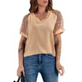 thumbnail image 2 of Top de verano para mujer, Top holgado con cuello en V y encaje con volantes cortos, Top de manga de malla transparente para mujer Albaricoque L, 2 of 6