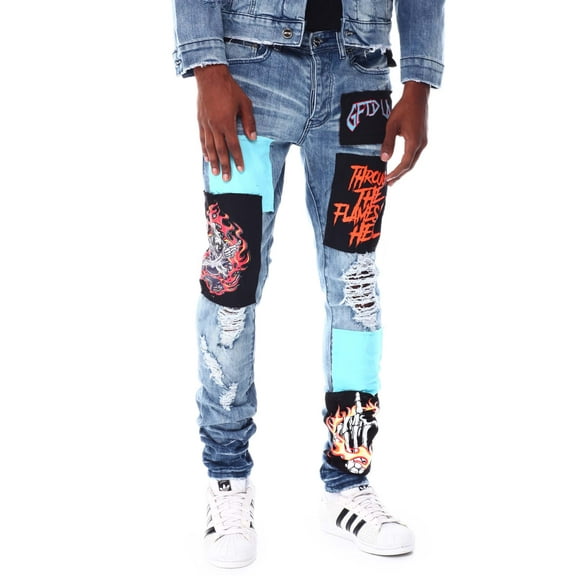 GFTD LA Los Angeles Men's Sage Skinny Fit Panel Patch Skull Distressed Rip Jeans (30, Blue)