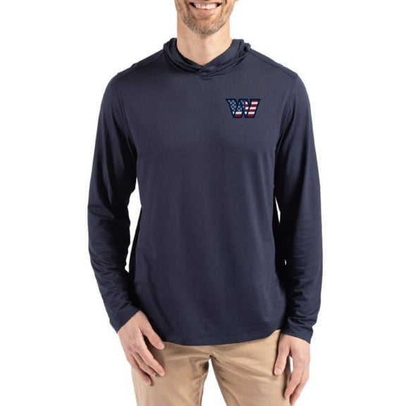 Men's Cutter & Buck Navy Washington Commanders Americana Coastline Epic Comfort Eco Recycled Long Sleeve Hoodie T-Shirt