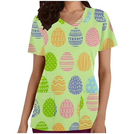 

lulshou Womens Scrub Tops with Pocket Short Sleeve Working Uniform Easter Women s V-Neck Protective Clothing Tops Casual Cartoon Print Blouse Ladies Tops Blouse Uniform Summer Clearance