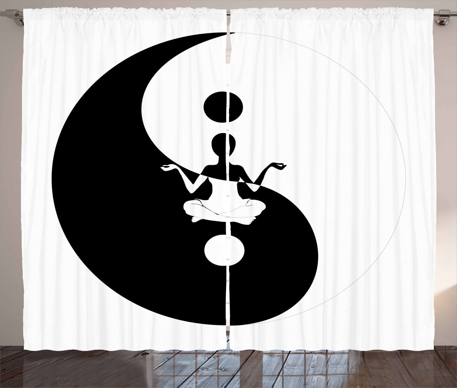 Yin Yang Curtains 2 Panels Set Human Silhouette Doing Yoga Staying In Balance With Lotus Pose For Serenity Window Drapes For Living Room Bedroom