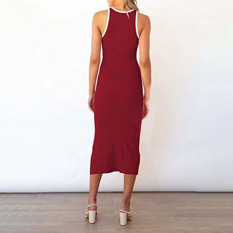 Women's Cut Out Mid Length Crew Neck Sleeveless Vest Split Ribbed Dress  Dress for Women Casual Midi Womens Tunics Dresses Cute Winter Dresses for Women  Graduation Dress for Women Dress for Women -