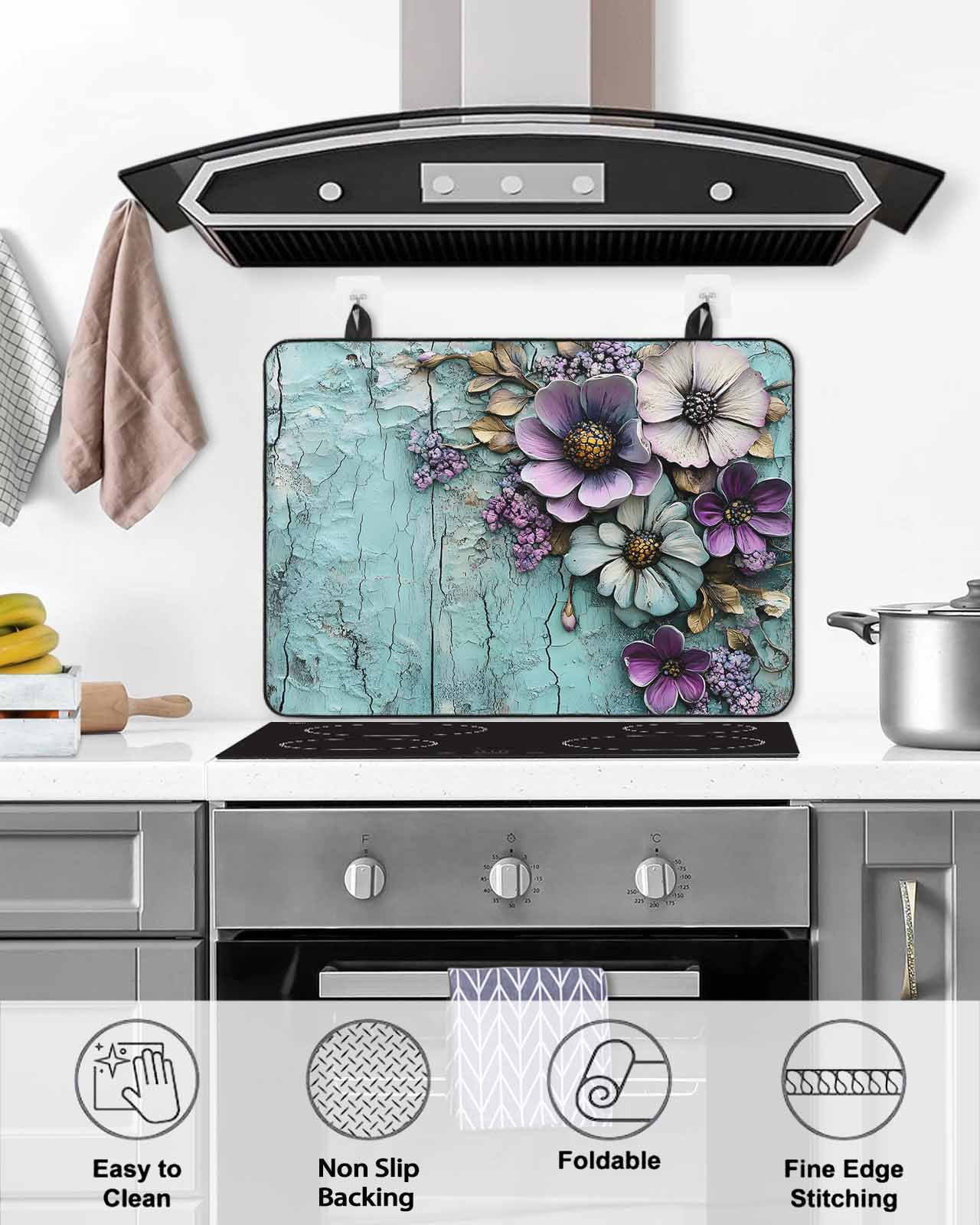 nqOlkjepod Large Induction Cooktop Protector Mat 36"x21", Retro Flower Stove Top Covers for Electric Stove, Blue Walls Mottled Vintage Country Farm Stove Burner Cover Mats, Glass Top Stove Cover