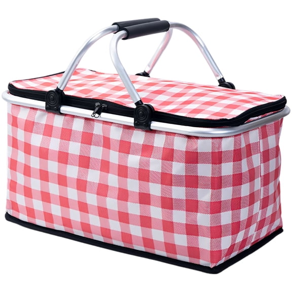 Red Gingham Insulated Picnic Basket, Oxford Cloth Collapsible Cooler Bag with Aluminum Frame, Portable Thermal Food Carrier for Outdoor Family Picnics Camping Groceries, 16.9 x 9.1 x 9.3 inch