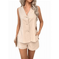 thumbnail image 1 of Conjuntos de 2 Piezas para Vacaciones de Verano para Mujer, para Playa, Viajes, Cruceros, Resorts, Camisetas Sin Mangas y Pantalones Cortos Casuales, Color Caqui M, 1 of 10