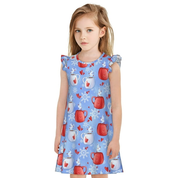 Fotbe coffee love cup winter Vestido de Dormir para Niñas de 3 a 10 Años, Mangas Cortas, Estilo Princesa, Pijama Camisón con Mangas Voladas-XX-Large