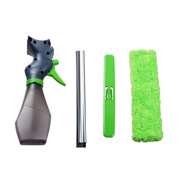 Limpiador de ventanas 3 en 1, botella con espray, escobilla de goma, Kit de almohadilla de tela de microfibra, cepillo de vidrio en espray, raspador de paño de limpieza de superfibra