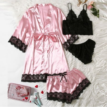 

Xysaqa Lingerie for Women Satin Pajama Nightgown Robe Set 4Pcs Sleepwear Floral Lace Cami Shorts Panty Pjs Sets Loungewear