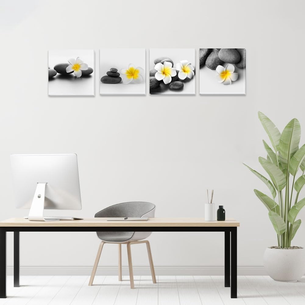 Black and White Zen Stone Wall Art Yellow Flower Picture Still Life Canvas Relaxing Painting Home Office Bathroom Decor