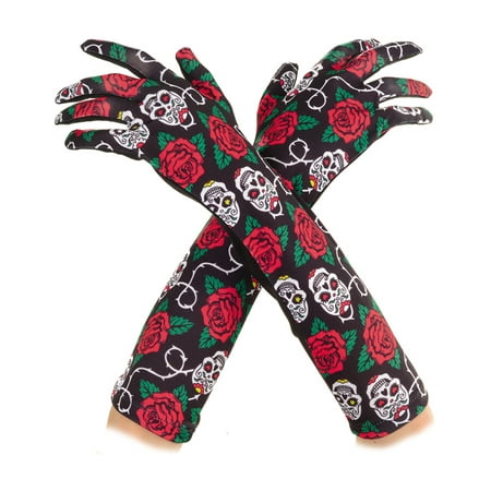 Day Of The Dead Sugar Skull Rose Long Adult Womens Costume Gloves