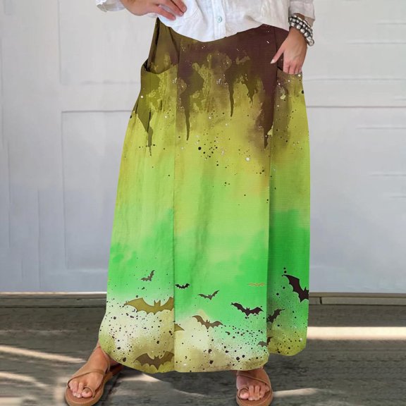 WFJCJPAF 2024 New Halloween Clearance! Women Skirts With Pockets,Women's Printed Elastic Waistband Pleated Pocket Skirt With Mid Calf Skirt - Yellow L