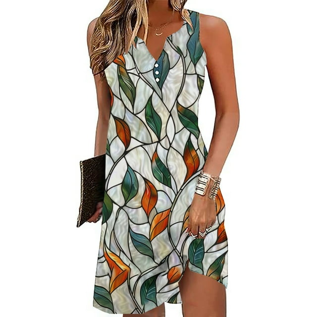 Ovzne Robes Grande Taille pour Femmes Courbes Robe Décontractée Mode Rétro Imprimée Sans Manches Col en V Robe Courte Sans Manches Col en V Robe Grande Taille Imprimée