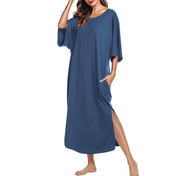 Ekouaer Women's Nightgown Short Sleeve Loungewear Long Casual Sleepwear Maxi Lounge Dress House Dresses with Pockets