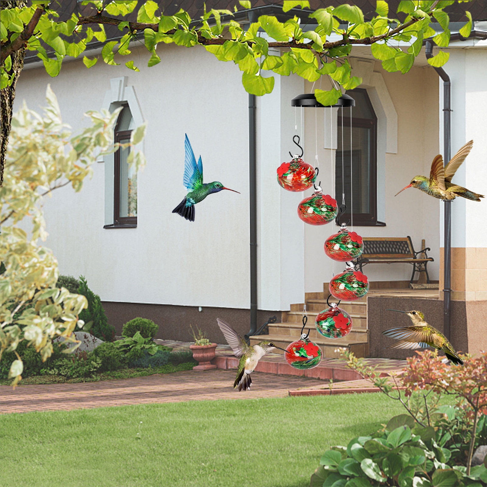 Djiypn 2025&nbsp;Wind Chimes Hummingbird Feeder for Outdoors, Unique Hanging Glass Bird Feeder Perfect Garden Decor for Window Garden Patio