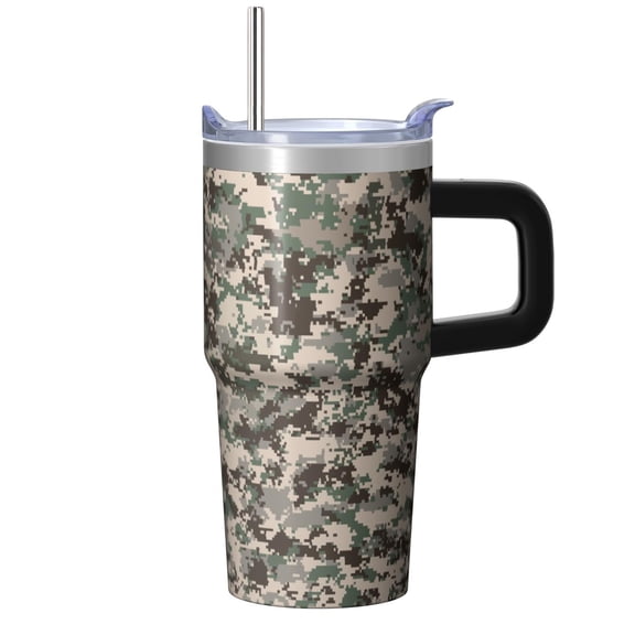 Camo 20oz Stainless Steel Tumbler with Handle and Straw – Insulated Travel Cup with Sliding Lid, 360° Full Wrap Printed Mug for Home, Outdoor & Sports Use, Camouflage