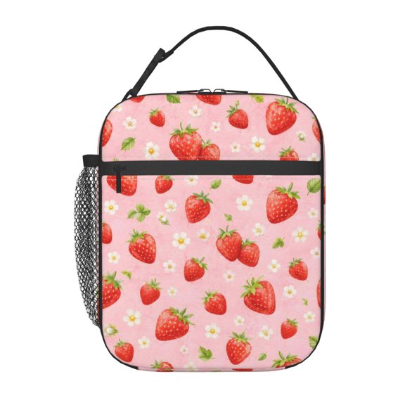 Strawberry Floral Lunch Bag Reusable Thermal Lunch Box with Handle for Women and Men