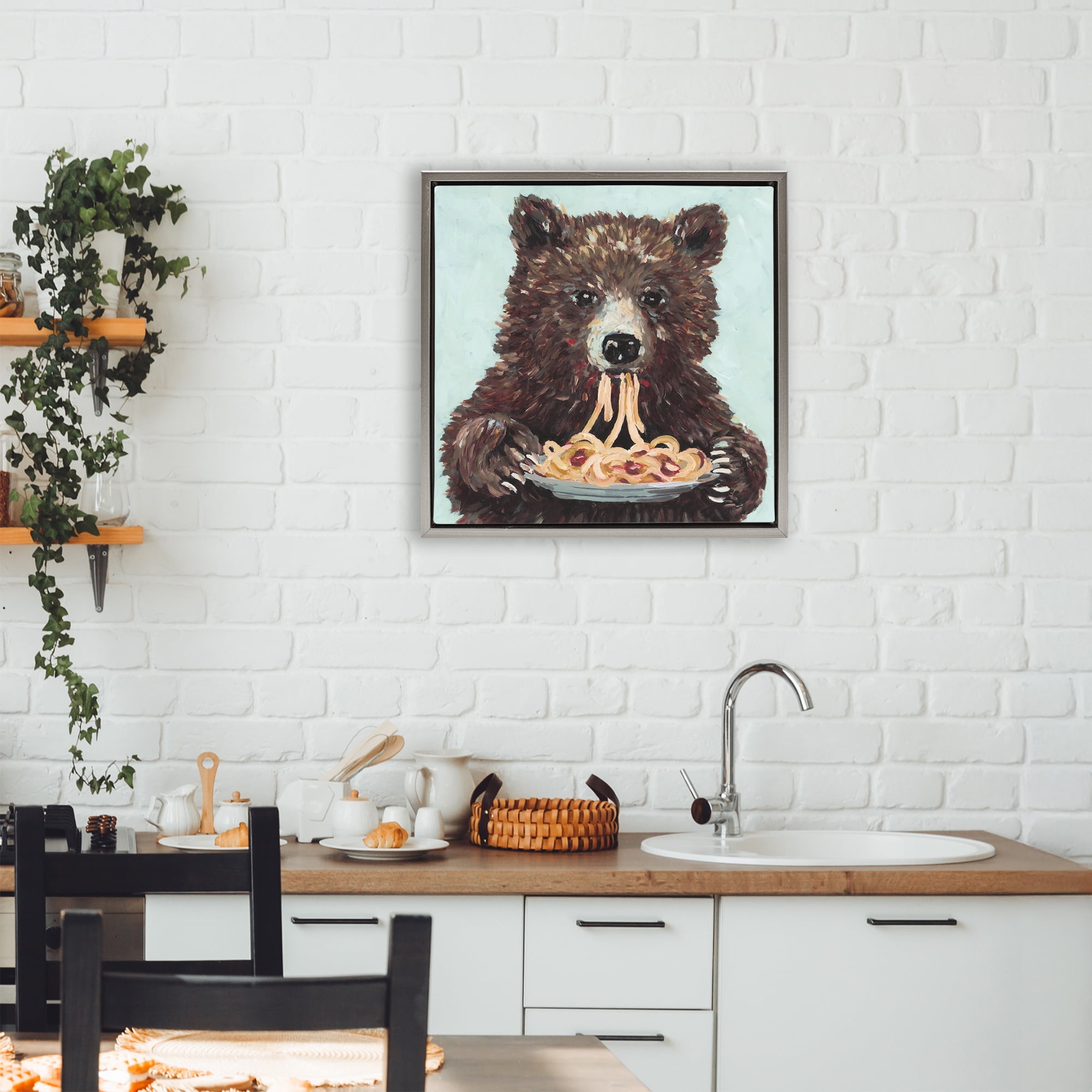 Whimsical Bear & Spaghetti Gray Framed Floater Canvas Wall Art, design by Studio Bautista