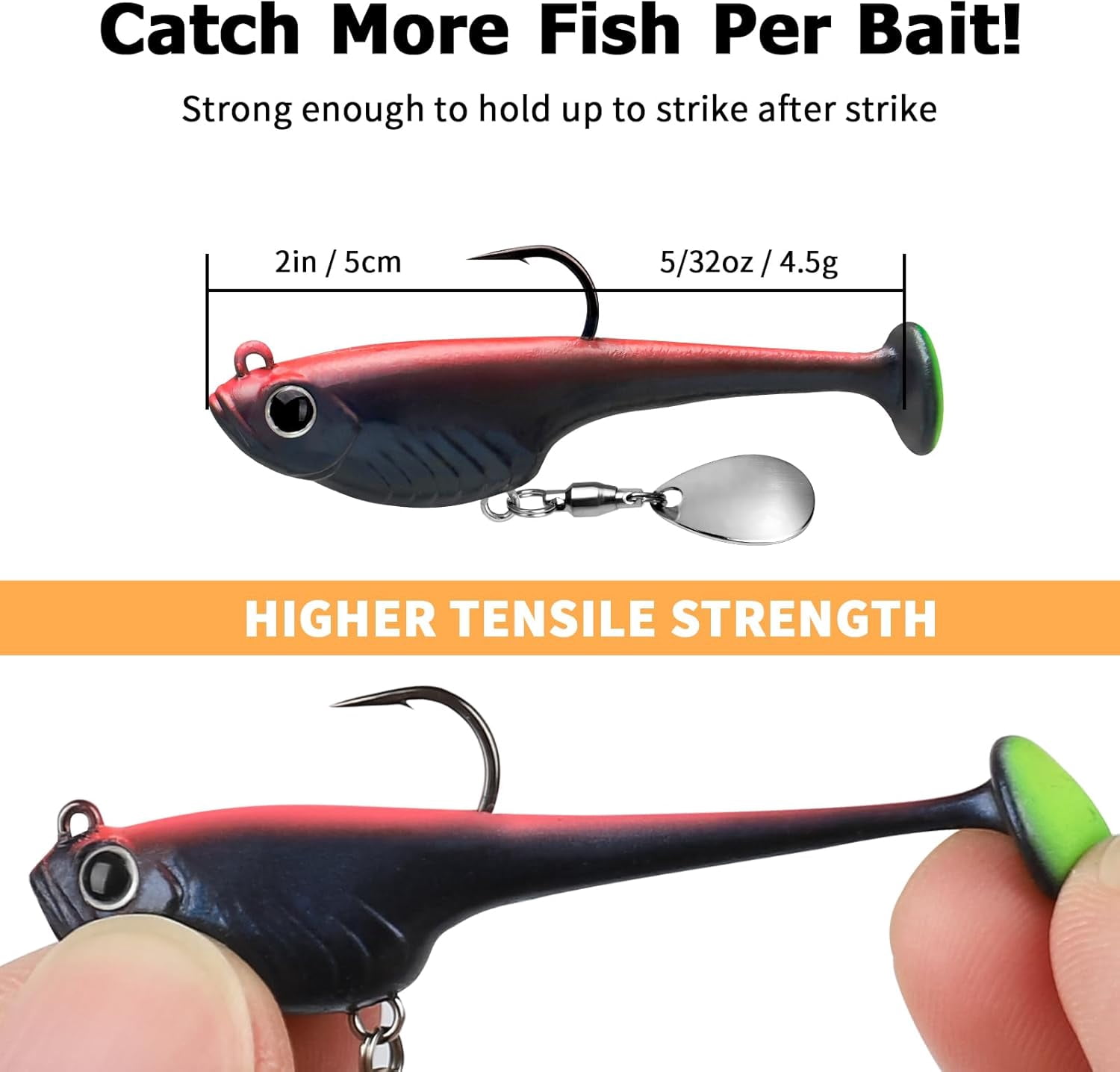 TRUSCEND Easy Catch Shadtale with BKK Branded Hook, Unique Vibrating Swim and Trembly Jigging Action for More Bites, Durable TPE Soft Fishing Lures for Bass Crappie Trout Walleye, Keep Separately